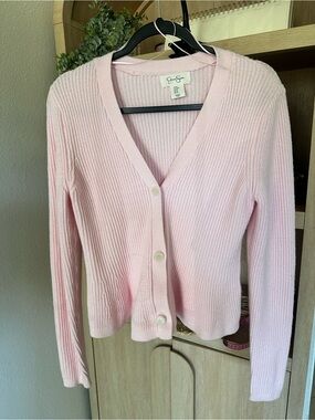 Jessica Simpson Pink Ribbed V-Neck Button Cardigan Sweater
